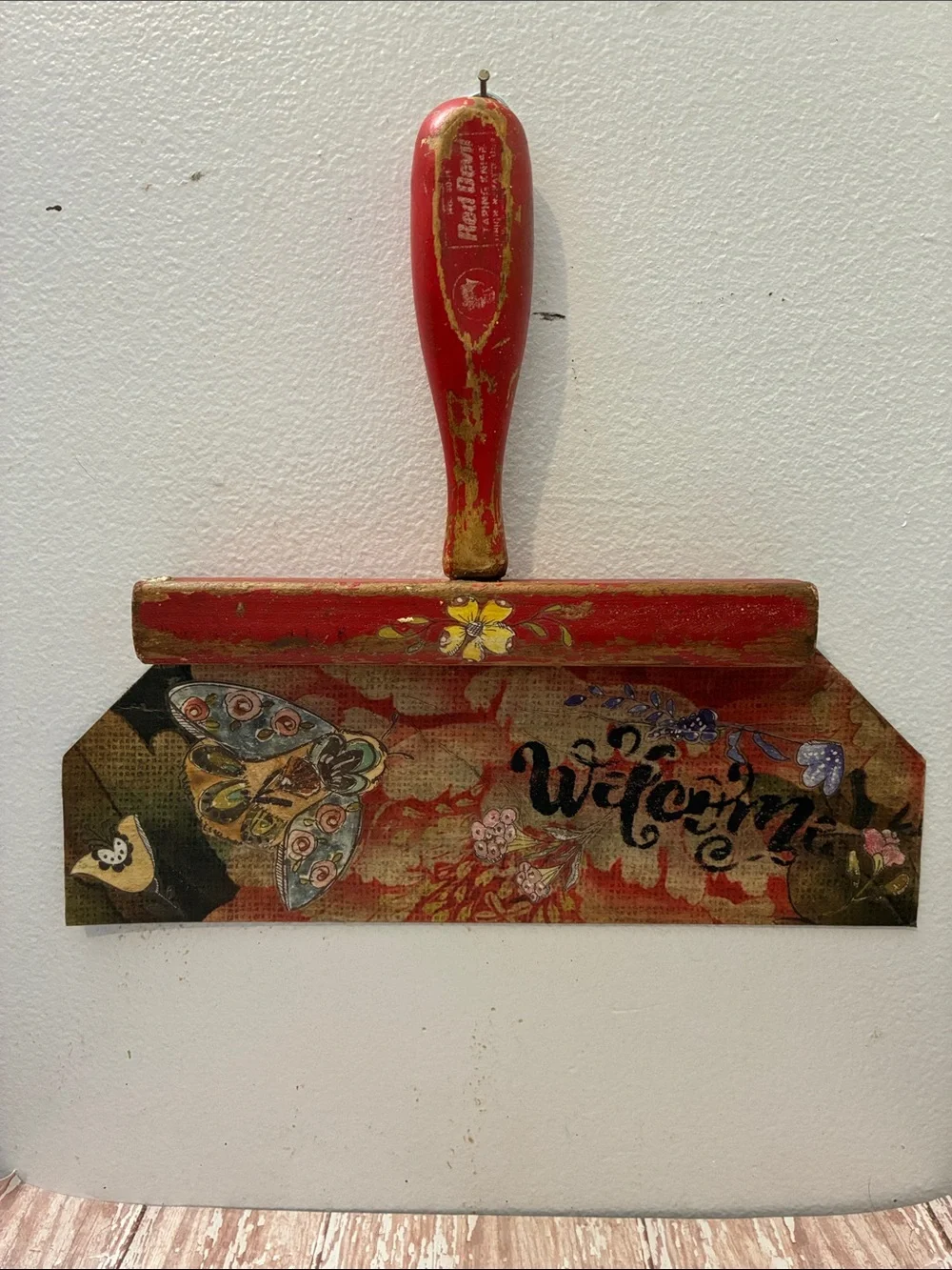 Painted (decoupage) Red Decorative Wall Art Trowel - Welcome Accent